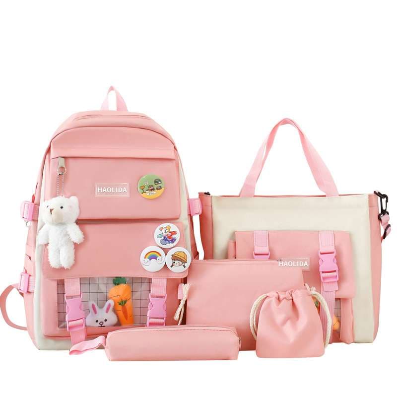 Five-piece bag junior high school students high school students large capacity student backpack women's fashion simple leisure tutoring backpack