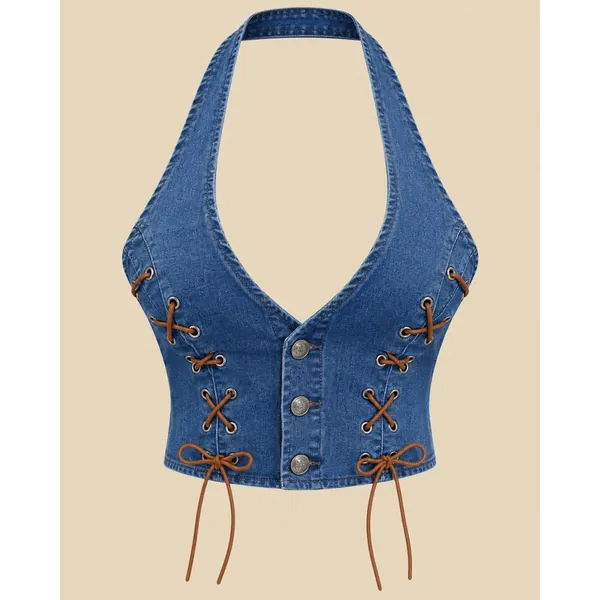 Sumwon Top – Women’s Denim Halter Neck Lace-Up Crop Top