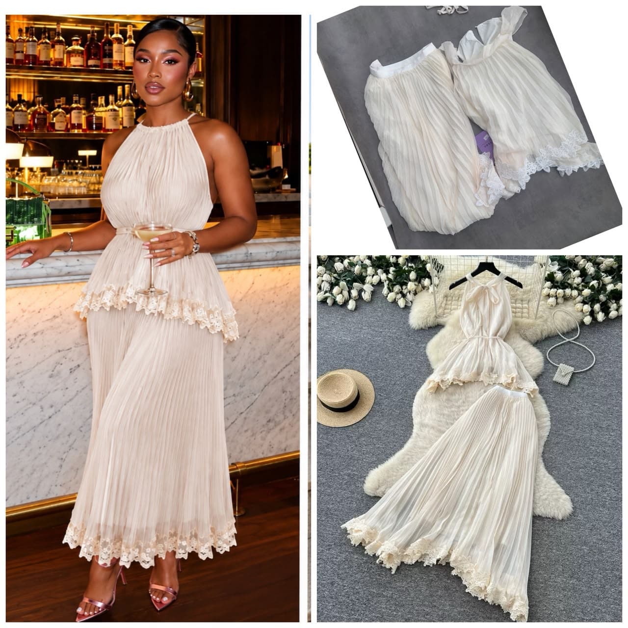 Women's Pleated Halter Maxi Dress, Lace Trim Long Evening Party Gown, Sleeveless Formal Dress