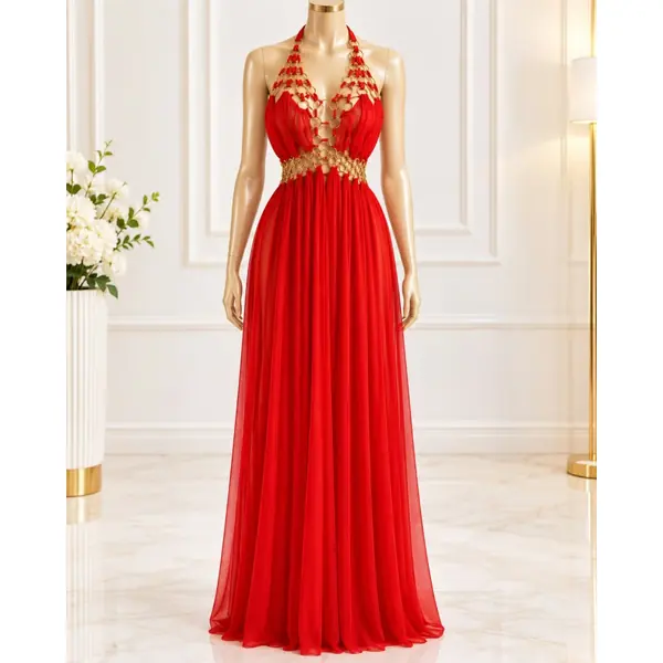 Lilah Mesh Dress – Red Halter Backless Maxi Dress with Gold-Tone Detail Product Description