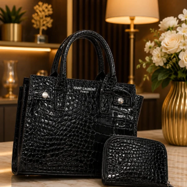 Crocodile-Texture Women’s Handbag & Wallet Set – Structured Top Handle Tote