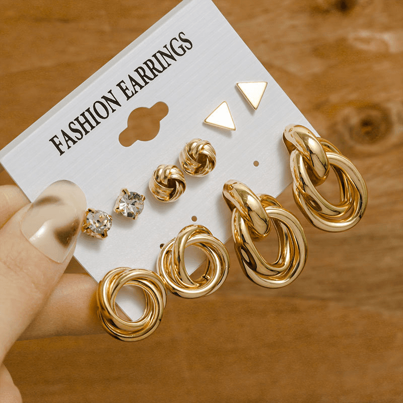 XP17 Vintage Gold Geometric Women's Earring Set, Fashion Pearl Round Hoop Earrings