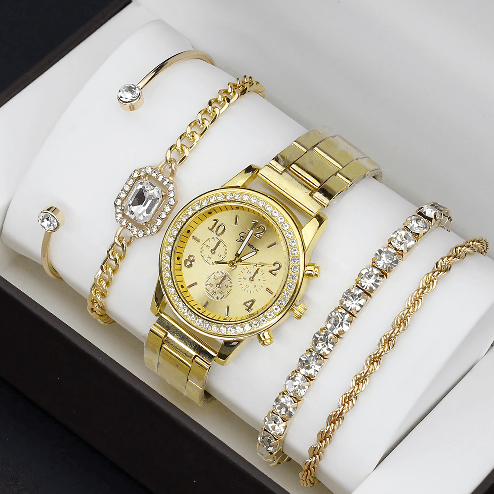 Fashion Gold Women Wrist Watch Set, Luxury Ladies Watch with 4 Decorative Bracelets Gift Box