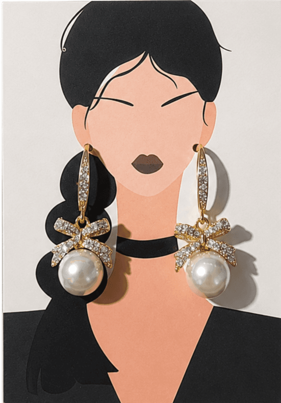 Golden Pindrop Earrings With Silver Rhinestone and Dangling Pearls
