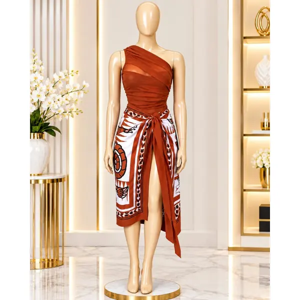 Vivienne Beach Set – Women’s 2-Piece One-Shoulder Mesh Top & Printed Wrap Sarong Skirt Resort Vacation Beachwear Outfit