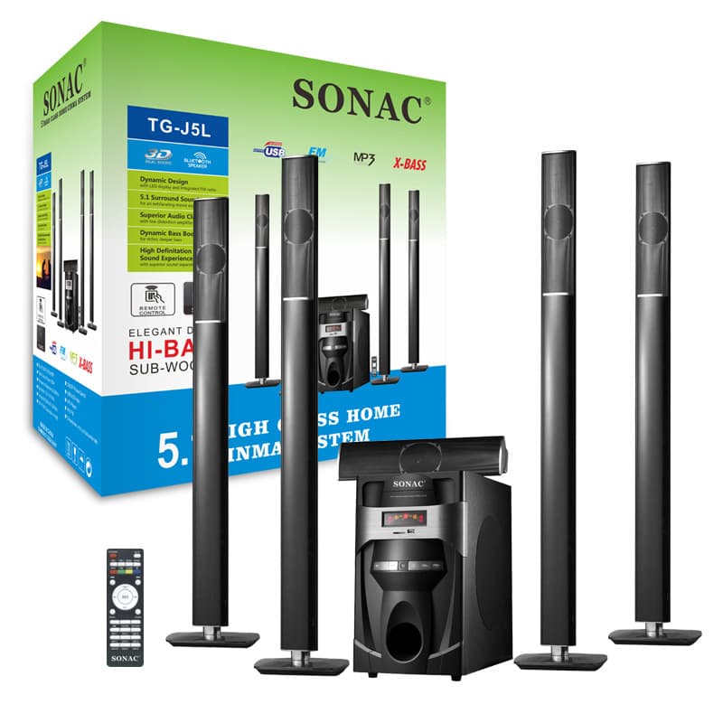 SONAC TG-J5L 5.1 Channel Home Theater Wooden Speaker System — 120W Max Power, Bluetooth, Heavy Line Subwoofer, FM Radio, LED Display, USB/TF MP3 Playback & Remote Control (220V AC)