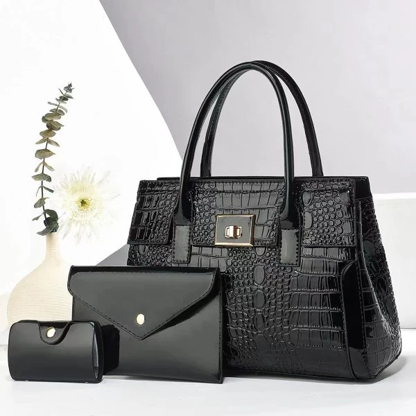 Capacity 3-Piece Women’s Crocodile-Texture Tote Bag Set – Handbag, Clutch & Mini Purse