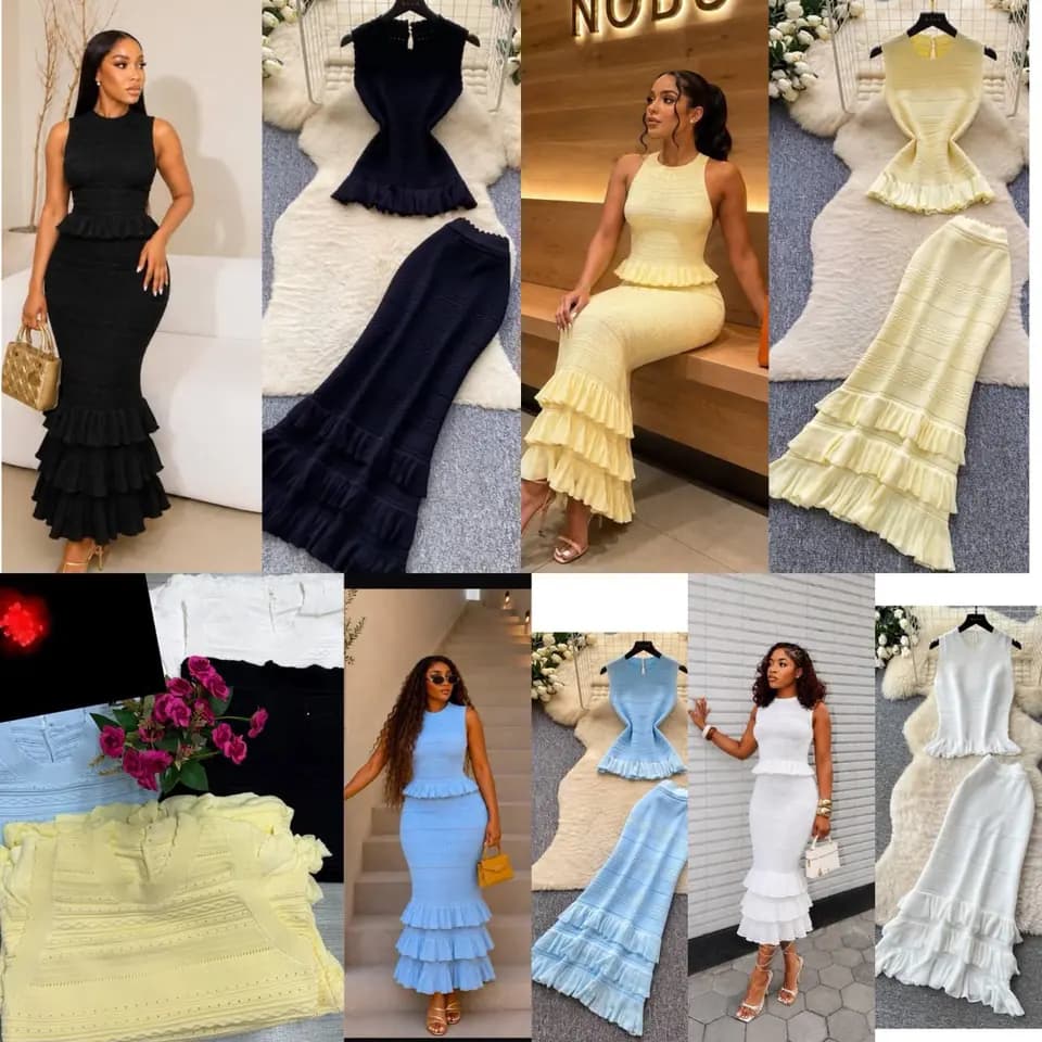Women's Blue Knit 2-Piece Peplum Top & Ruffle Maxi Skirt Set