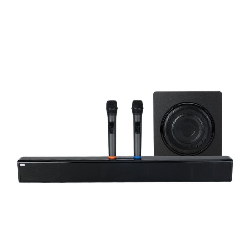 Listen to the Song N-S06M Wooden 2.1 Channel TV Soundbar with Subwoofer & Wireless Microphones — 90W Max Power, Bluetooth 5.0, Virtual Surround Sound, Karaoke Function & Remote Control (US / EU / JP / AU Plug Options)