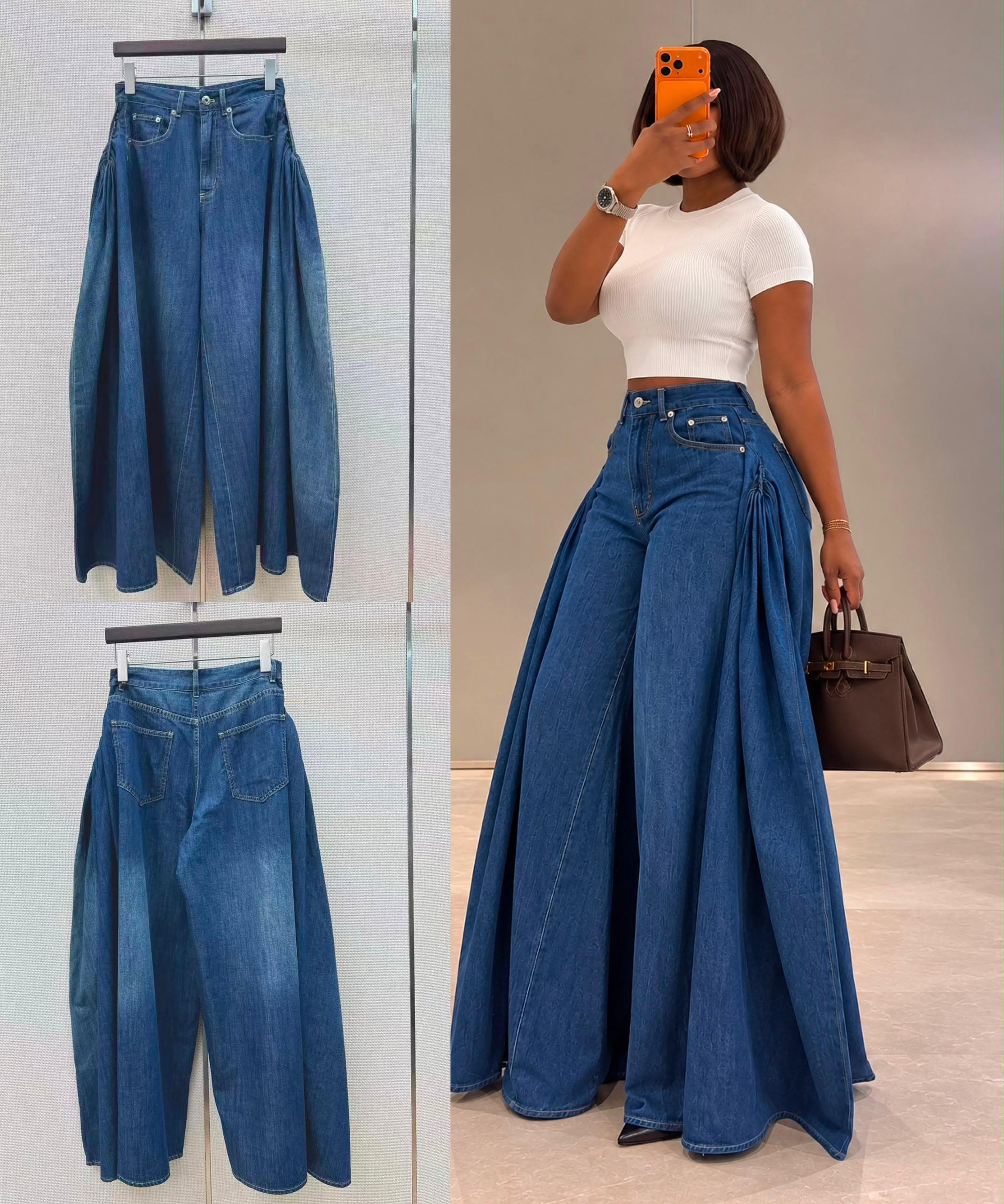 Women's High Waist Wide Leg Jeans, Pleated Panel Palazzo Denim Trousers, Loose Fit Casual Pants, Voluminous Gathered Side Panel Denim