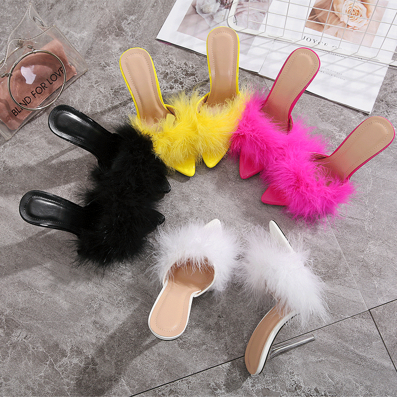 feather high heels pointed toe stiletto sandals